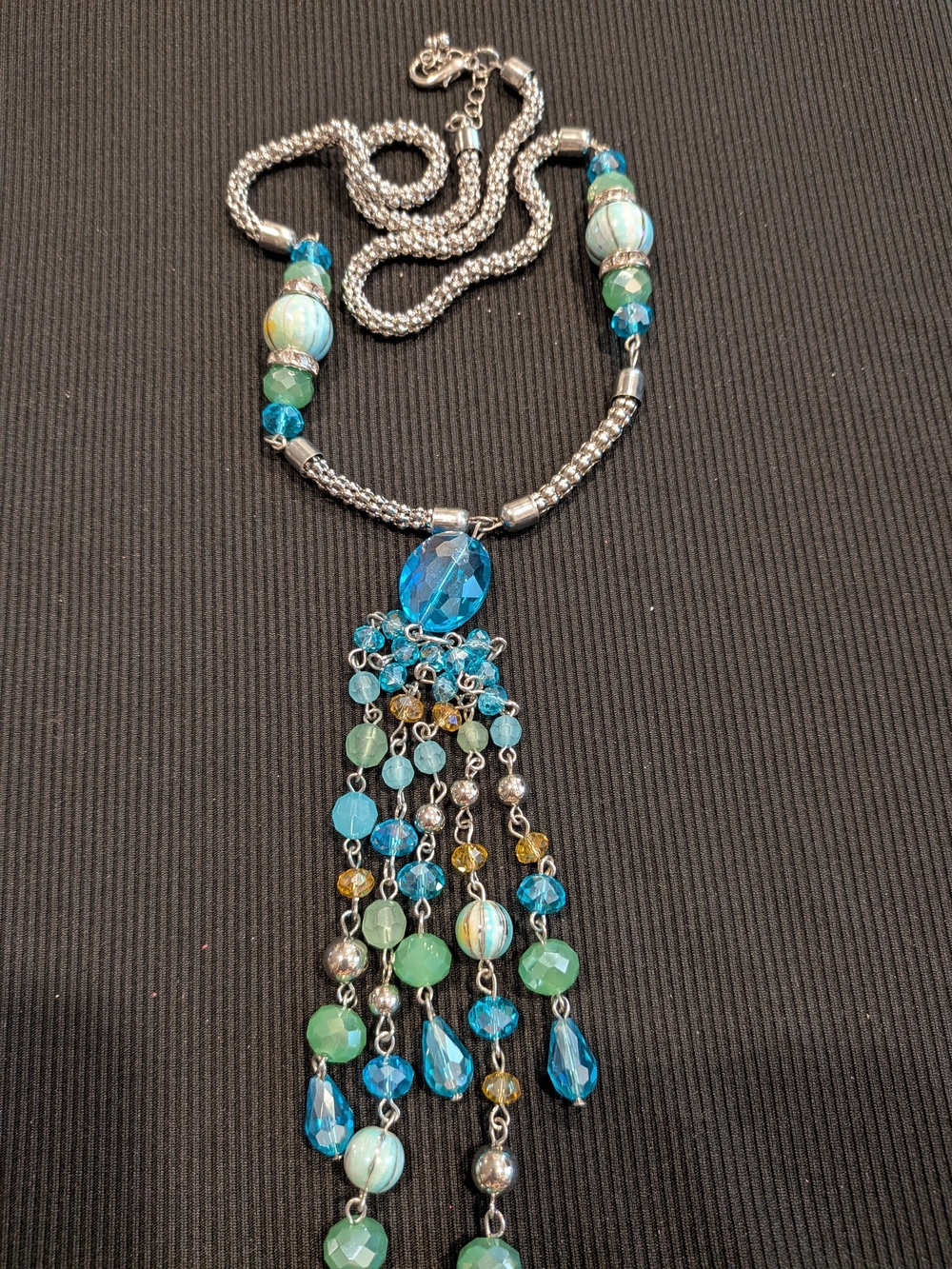 B#3: Silver-Tone Blue & Green Beaded 5Strand Tassel Necklace Vintage 2000s